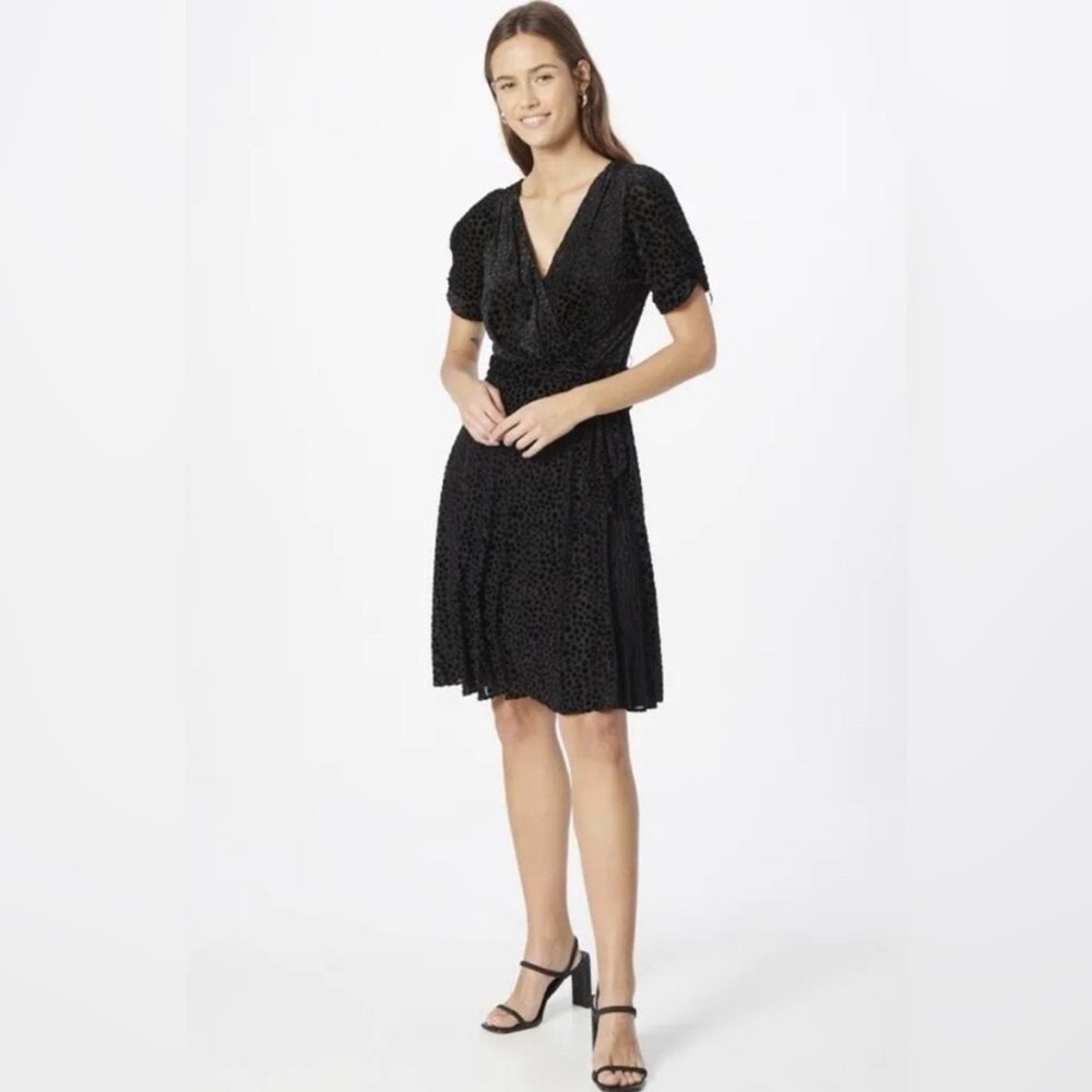 DKNY sz 16 faux wrap style velvet dot Chic Black Midi Dress